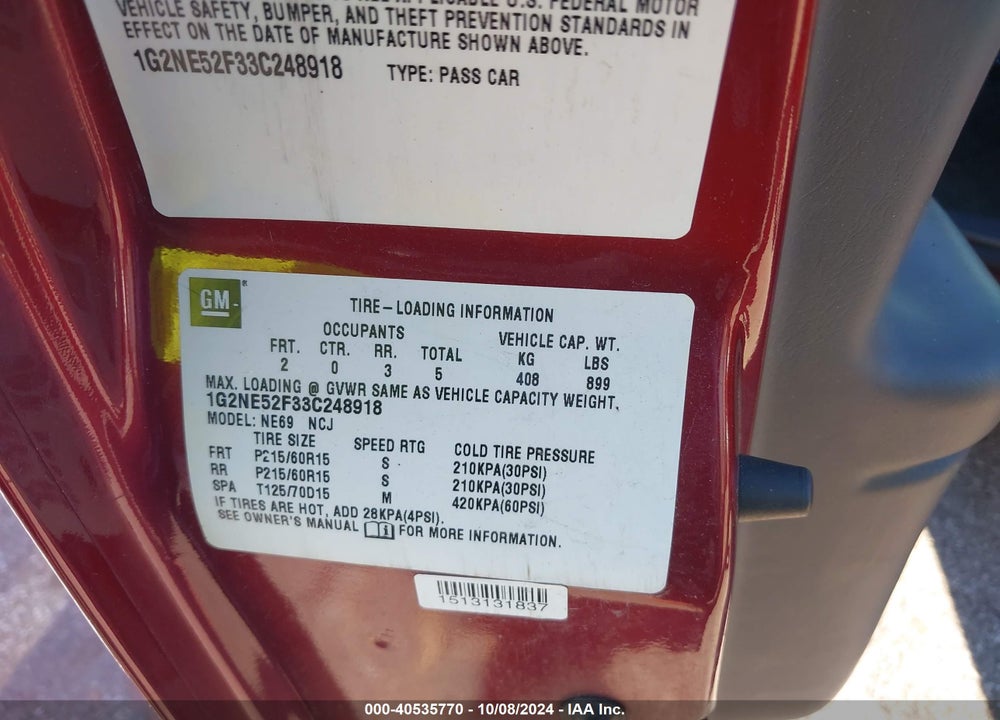 2003 PONTIAC GRAND AM SE VIN: 1G2NE52F33C248918