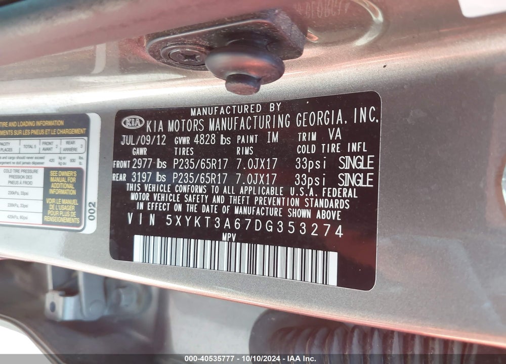 2013 KIA SORENTO LX VIN: 5XYKT3A67DG353274