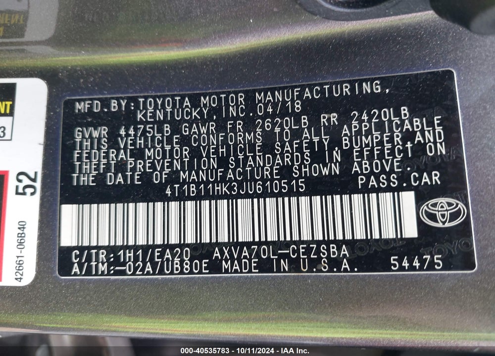 2018 TOYOTA CAMRY SE VIN: 4T1B11HK3JU610515