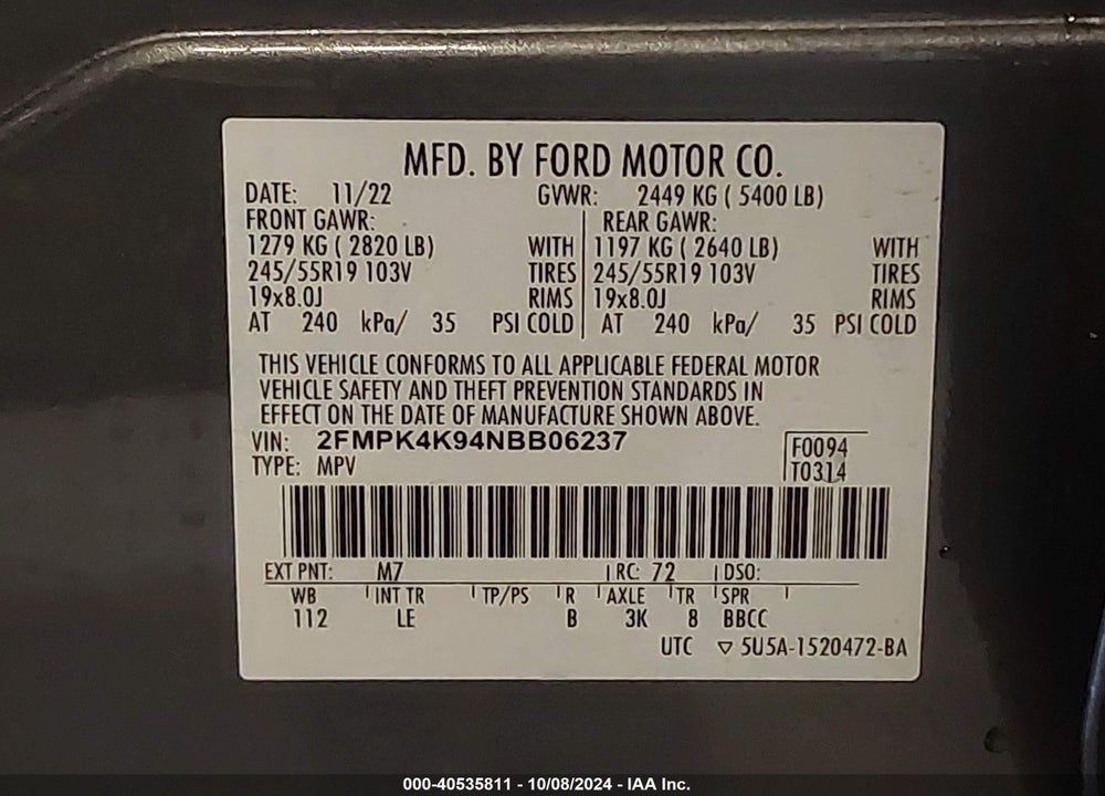 2022 FORD EDGE TITANIUM VIN: 2FMPK4K94NBB06237