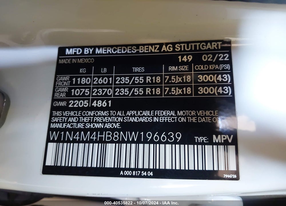 2022 MERCEDES-BENZ GLB 250 4MATIC VIN: W1N4M4HB8NW196639