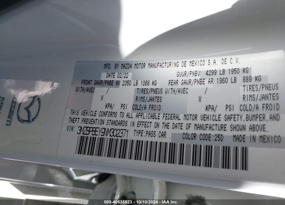 2022 MAZDA 3 VIN: 3MZBPBEY9NM302371