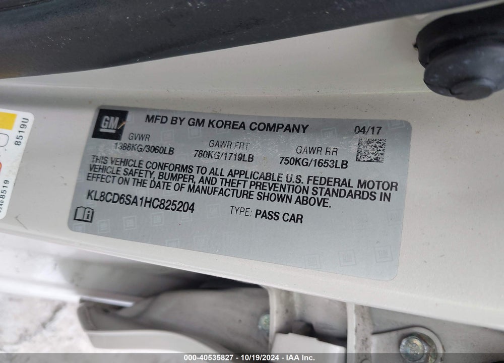 2017 CHEVROLET SPARK 1LT CVT VIN: KL8CD6SA1HC825204