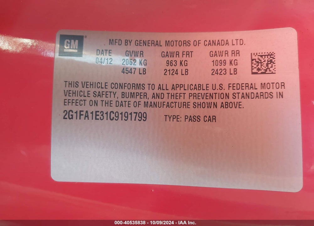 2012 CHEVROLET CAMARO 2LS VIN: 2G1FA1E31C9191799
