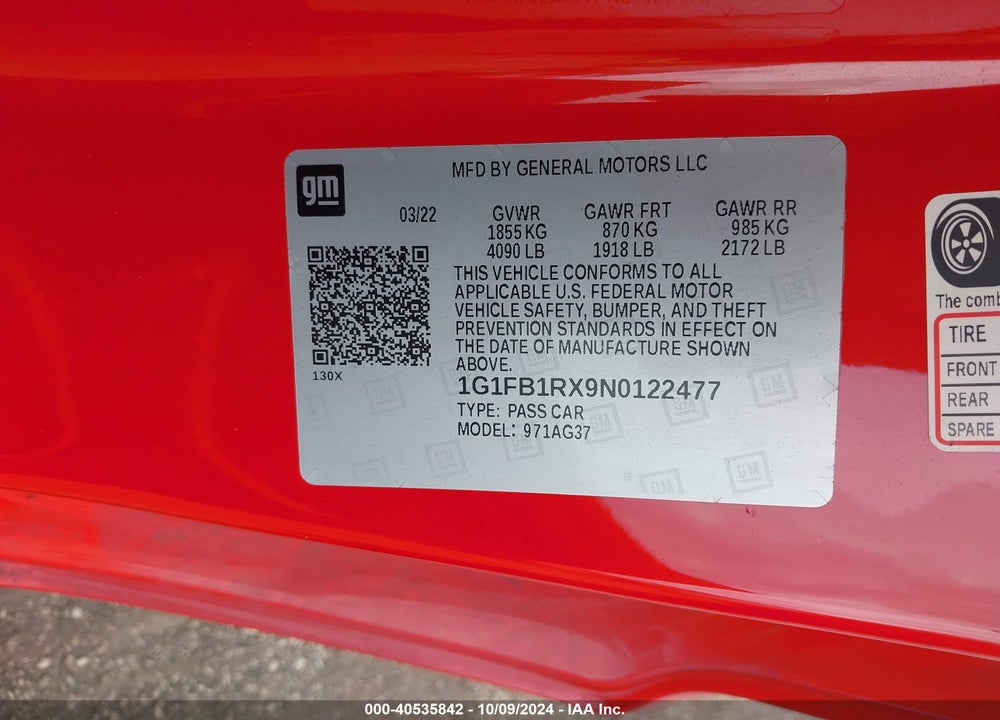 2022 CHEVROLET CAMARO RWD 1LT VIN: 1G1FB1RX9N0122477