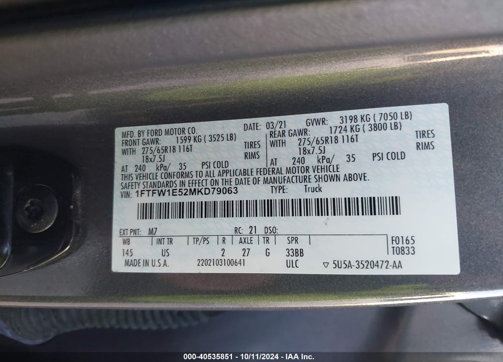 2021 FORD F-150 XLT VIN: 1FTFW1E52MKD79063