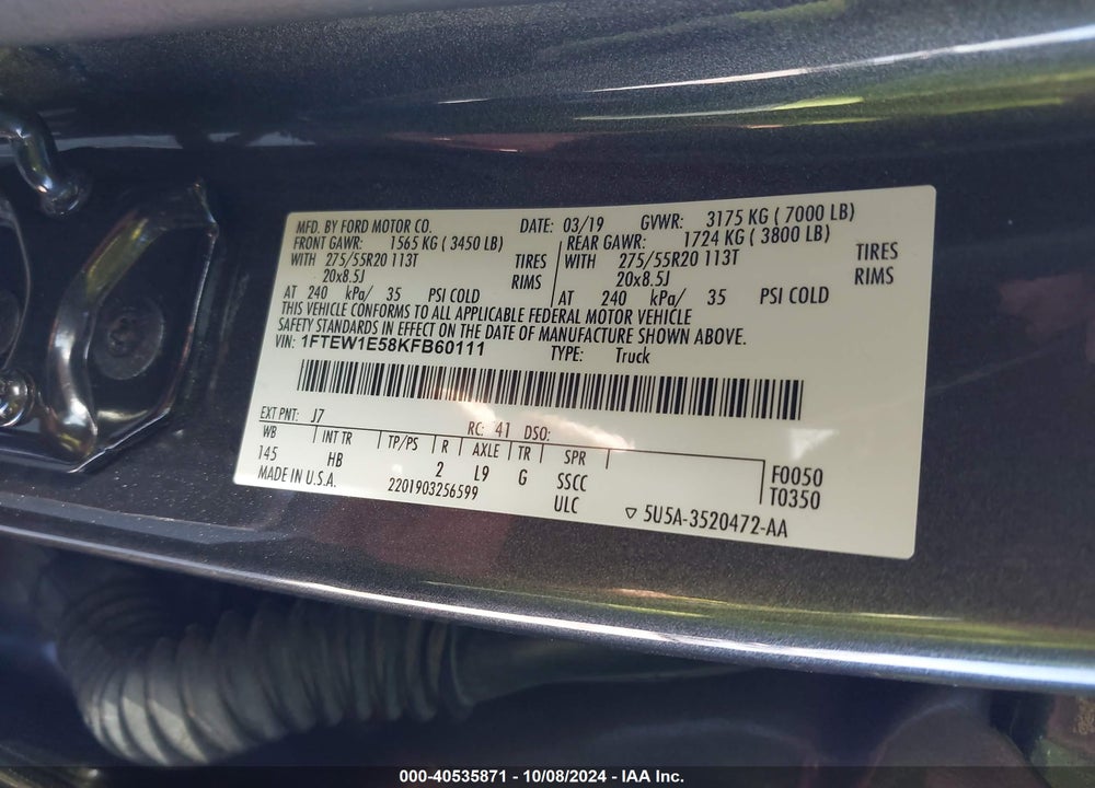 2019 FORD F-150 LARIAT VIN: 1FTEW1E58KFB60111