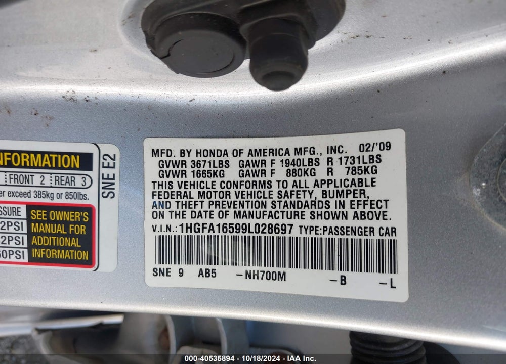 2009 HONDA CIVIC LX VIN: 1HGFA16599L028697