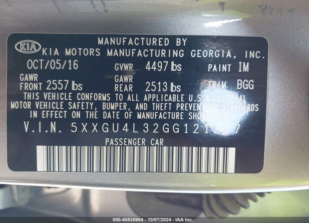 2016 KIA OPTIMA EX VIN: 5XXGU4L32GG121217