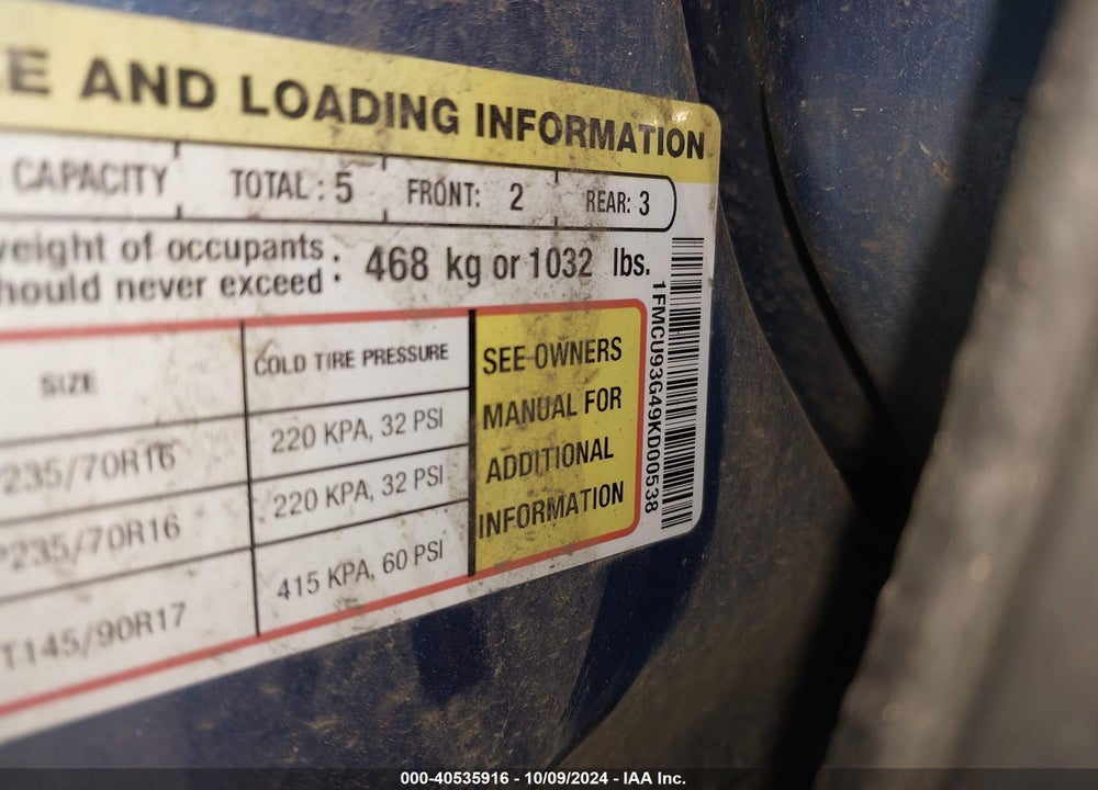 2009 FORD ESCAPE XLT VIN: 1FMCU93G49KD00538