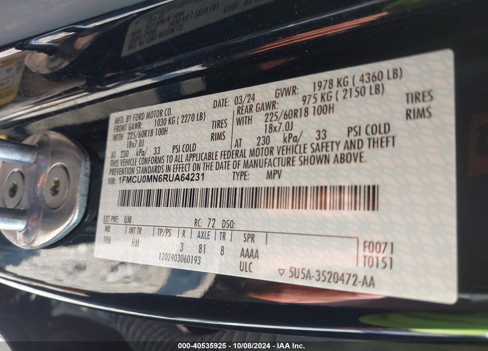 2024 FORD ESCAPE ST LINE VIN: 1FMCU0MN6RUA64231