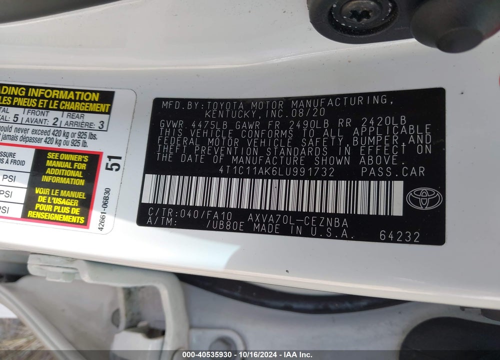 2020 TOYOTA CAMRY LE VIN: 4T1C11AK6LU991732