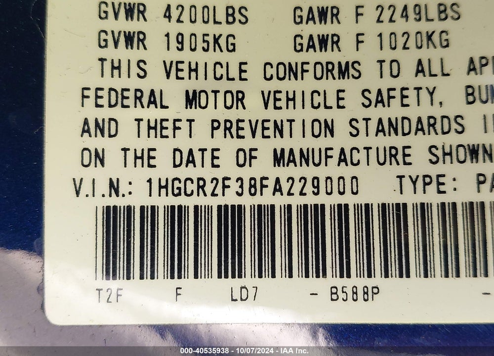 2015 HONDA ACCORD LX VIN: 1HGCR2F38FA229000