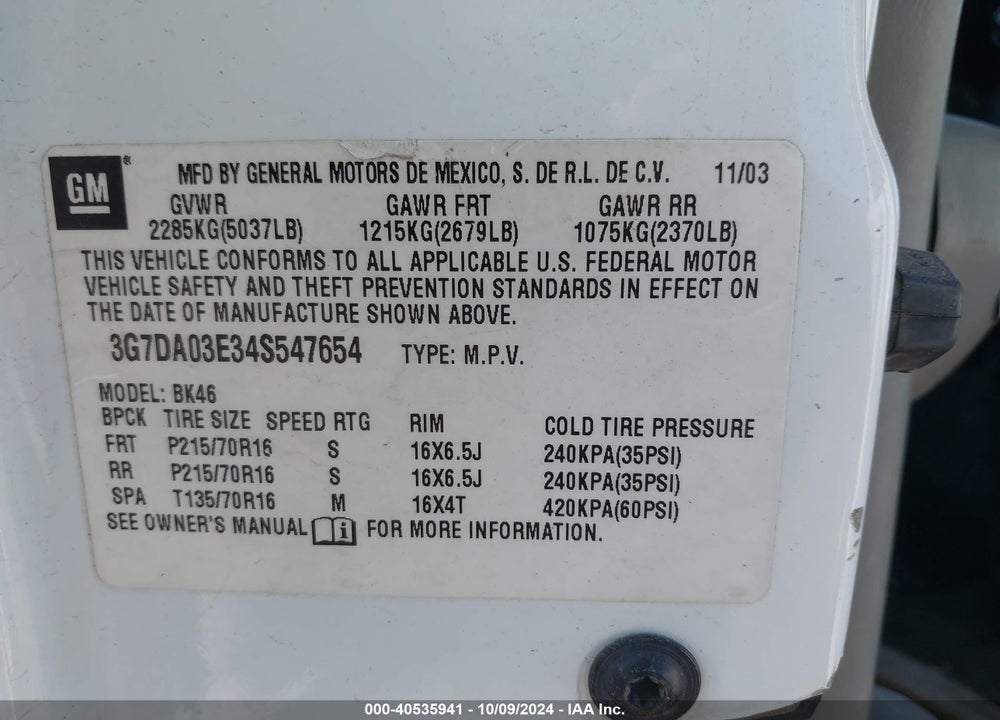 2004 PONTIAC AZTEK VIN: 3G7DA03E34S547654