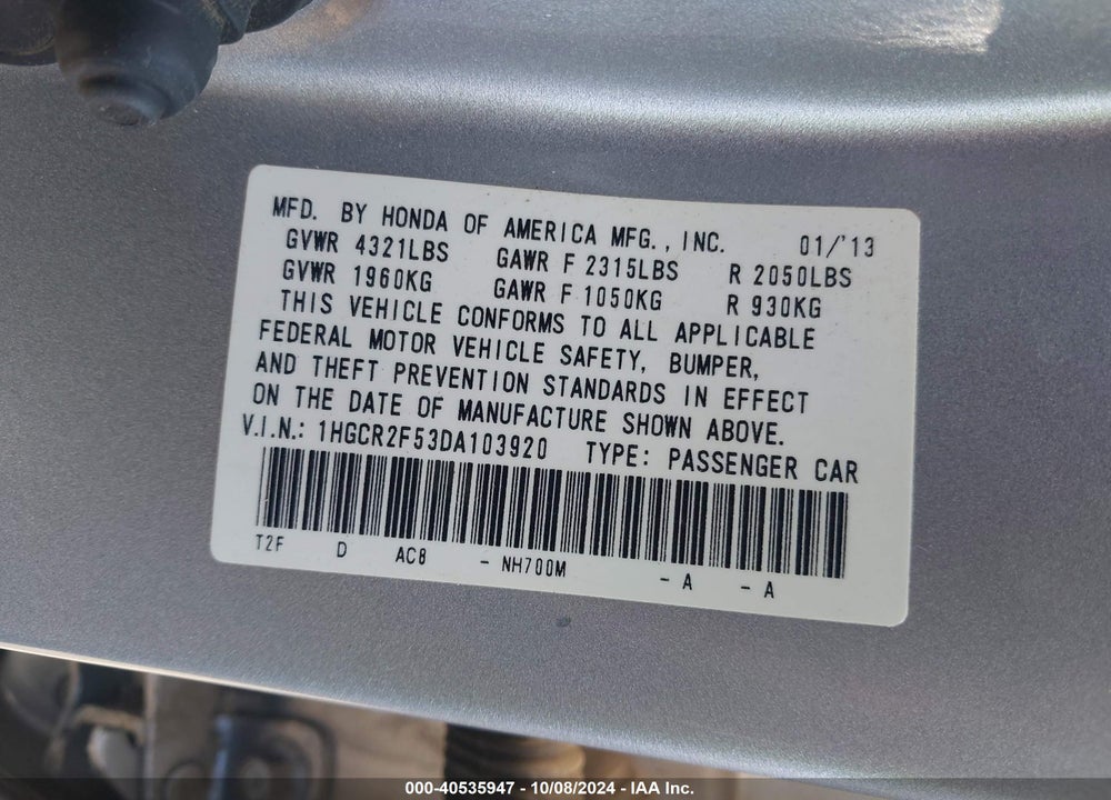 2013 HONDA ACCORD SPORT VIN: 1HGCR2F53DA103920