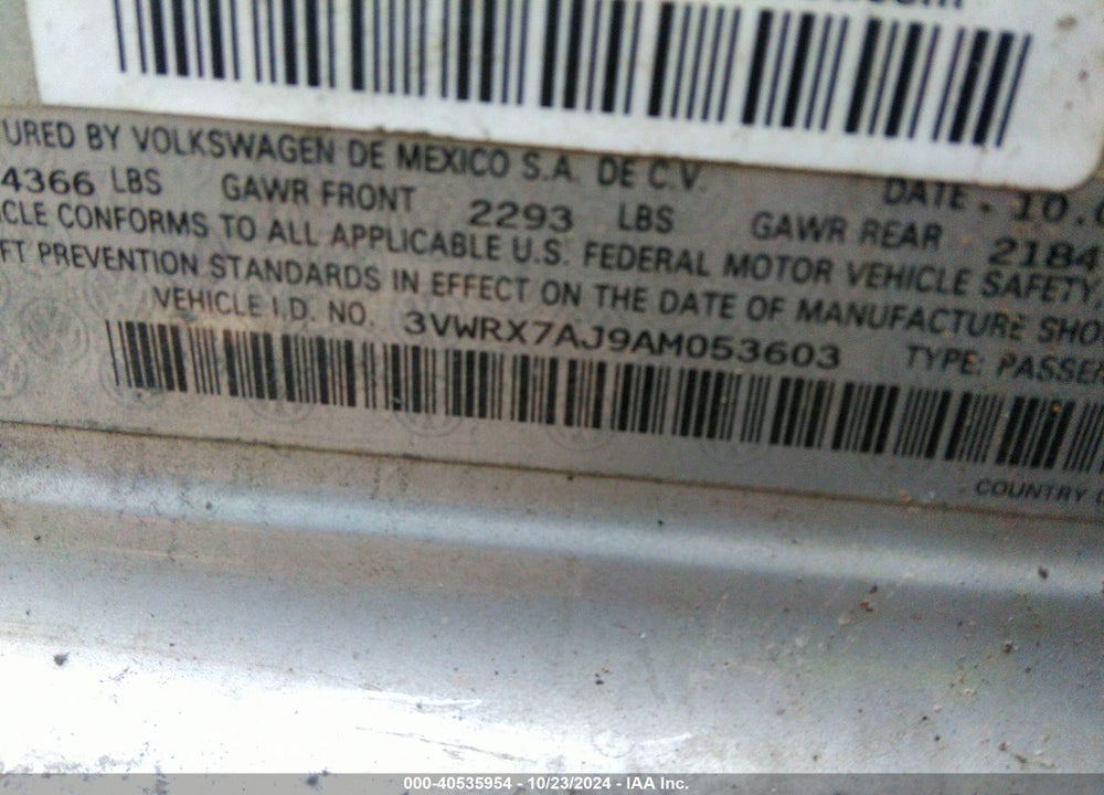 2010 VOLKSWAGEN JETTA SE VIN: 3VWRX7AJ9AM053603