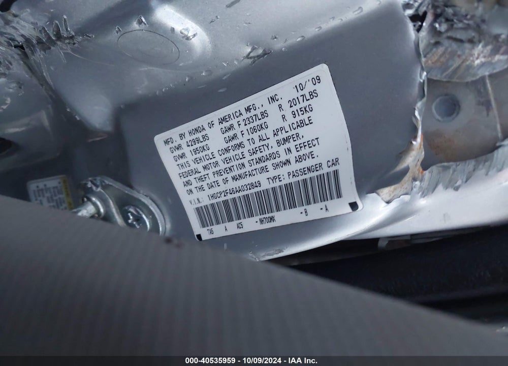 2010 HONDA ACCORD 2.4 LX-P VIN: 1HGCP2F46AA032849