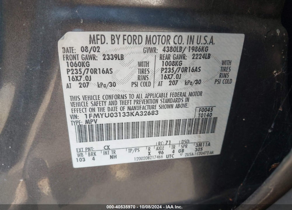 2003 FORD ESCAPE XLT VIN: 1FMYU03133KA32683