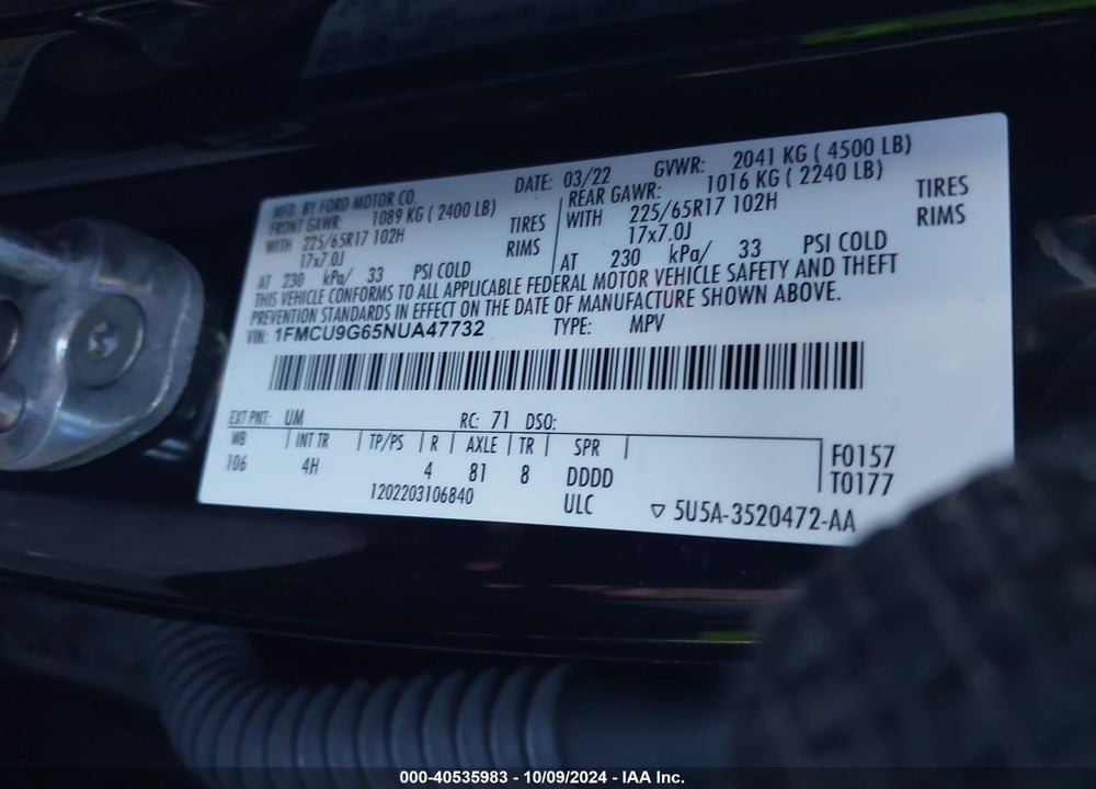 2022 FORD ESCAPE SE VIN: 1FMCU9G65NUA47732