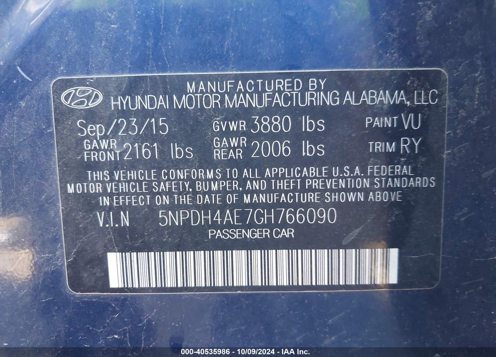 2016 HYUNDAI ELANTRA VALUE EDITION VIN: 5NPDH4AE7GH766090