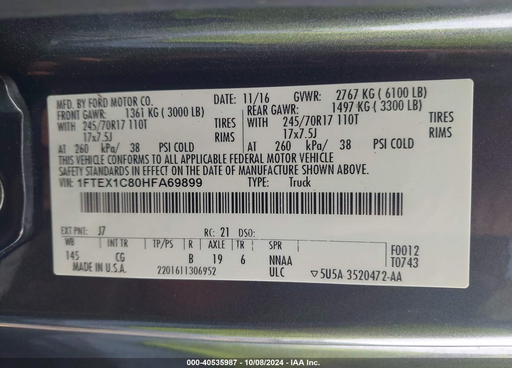 2017 FORD F-150 XL VIN: 1FTEX1C80HFA69899