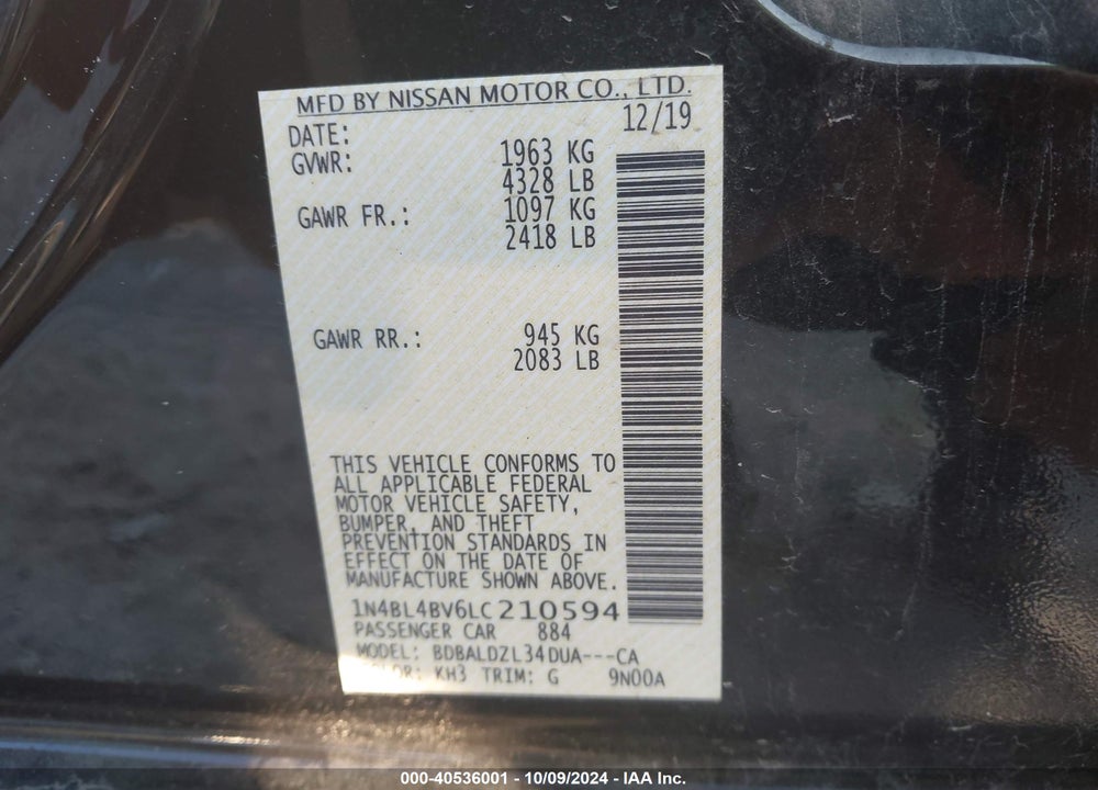 2020 NISSAN ALTIMA S FWD VIN: 1N4BL4BV6LC210594