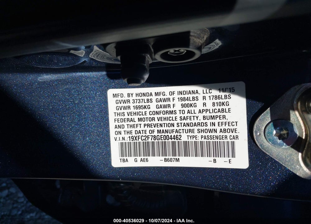 2016 HONDA CIVIC EX VIN: 19XFC2F78GE004462