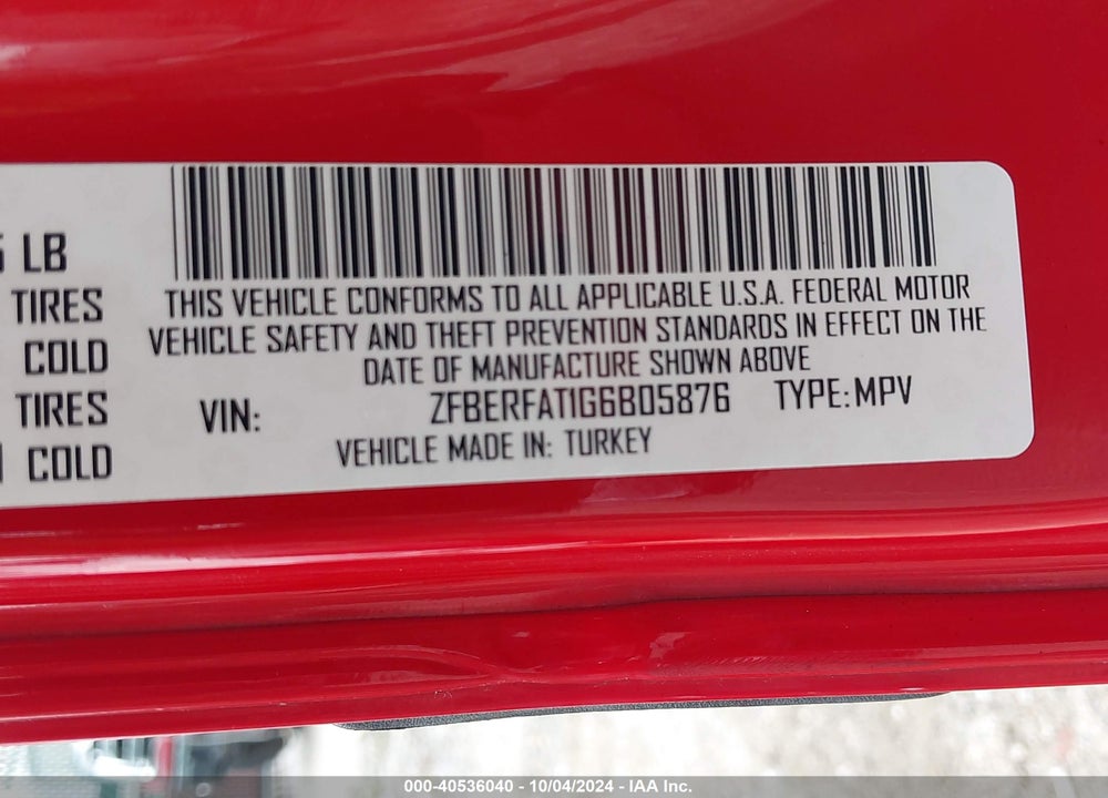 2016 RAM PROMASTER CITY TRADESMAN VIN: ZFBERFAT1G6B05876