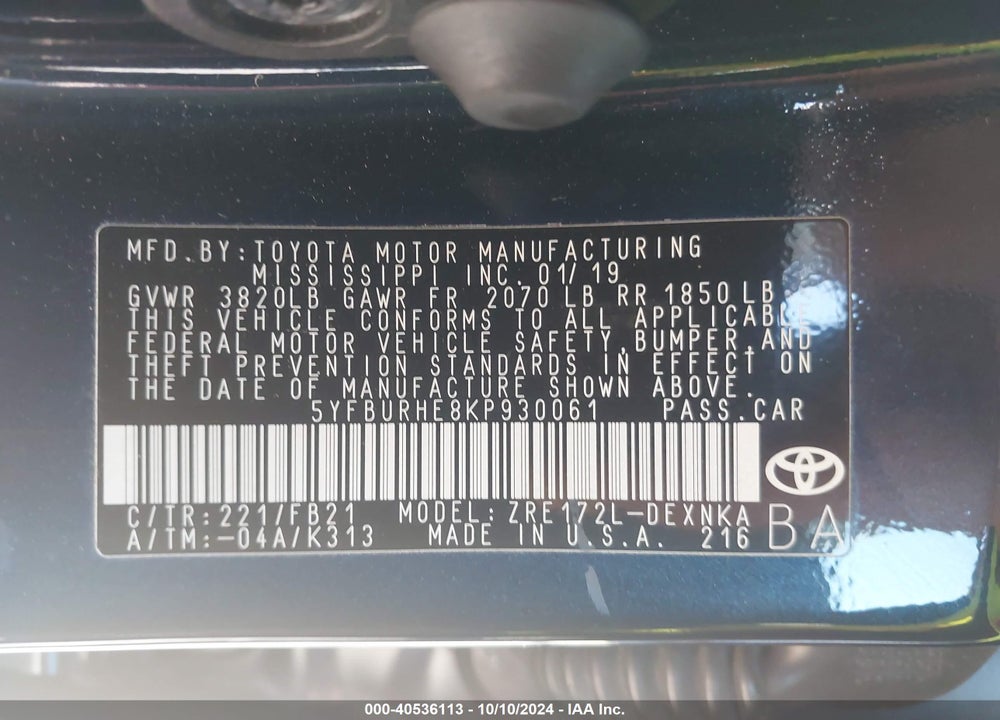 2019 TOYOTA COROLLA LE VIN: 5YFBURHE8KP930061