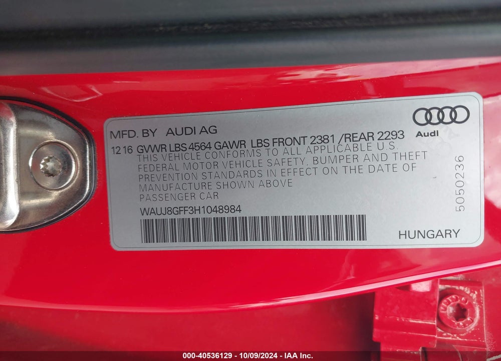 2017 AUDI A3 2.0T PREMIUM VIN: WAUJ8GFF3H1048984