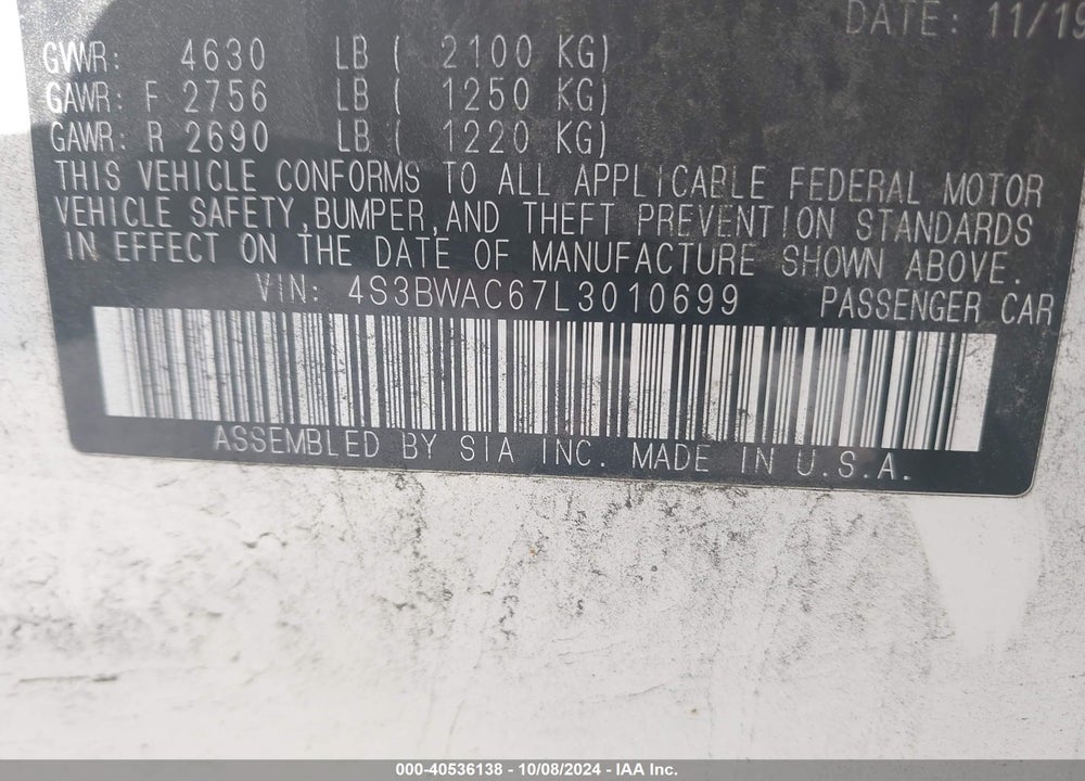 2020 SUBARU LEGACY PREMIUM VIN: 4S3BWAC67L3010699