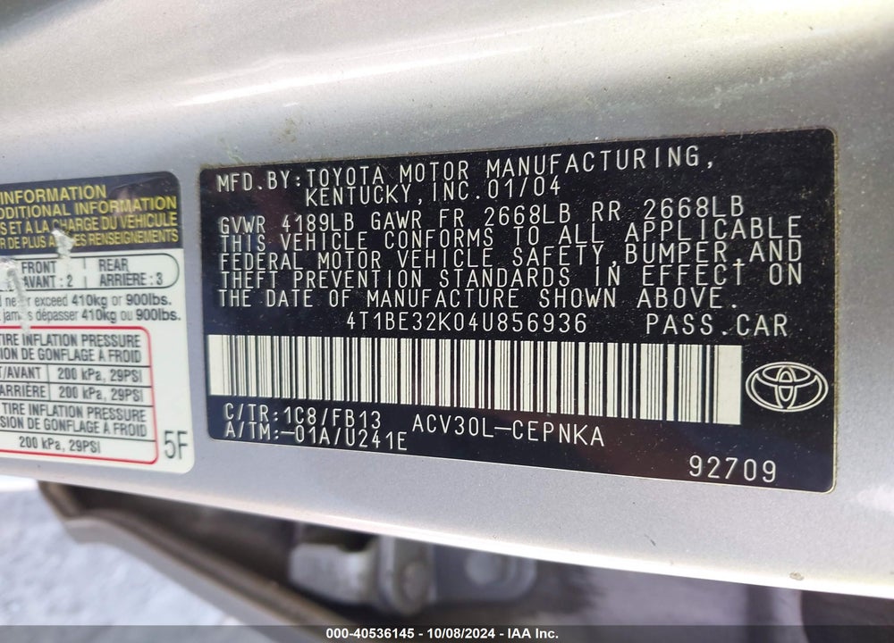 2004 TOYOTA CAMRY LE VIN: 4T1BE32K04U856936