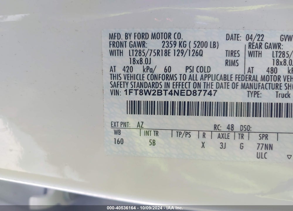 2022 FORD F-250 LARIAT VIN: 1FT8W2BT4NED87747