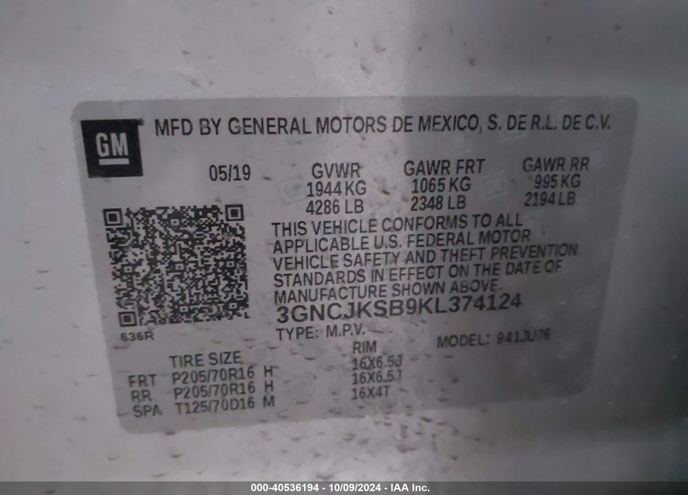 2019 CHEVROLET TRAX LS VIN: 3GNCJKSB9KL374124