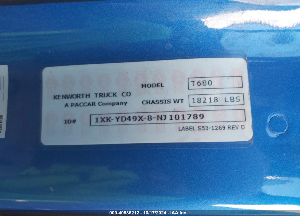 2022 KENWORTH T680 VIN: 1XKYD49X8NJ101789