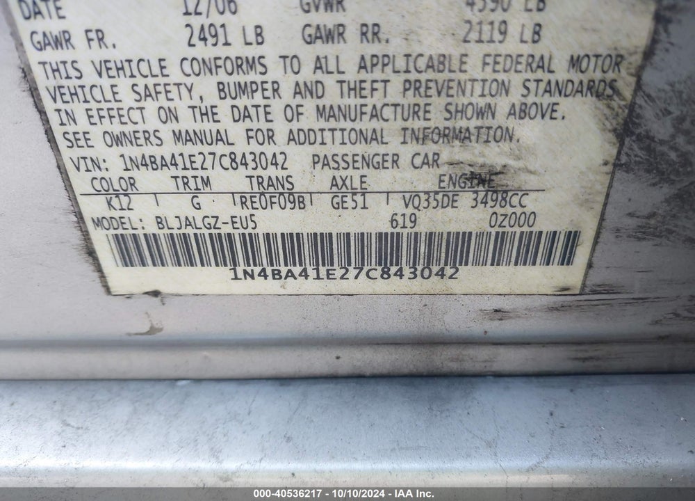 2007 NISSAN MAXIMA 3.5 SL VIN: 1N4BA41E27C843042