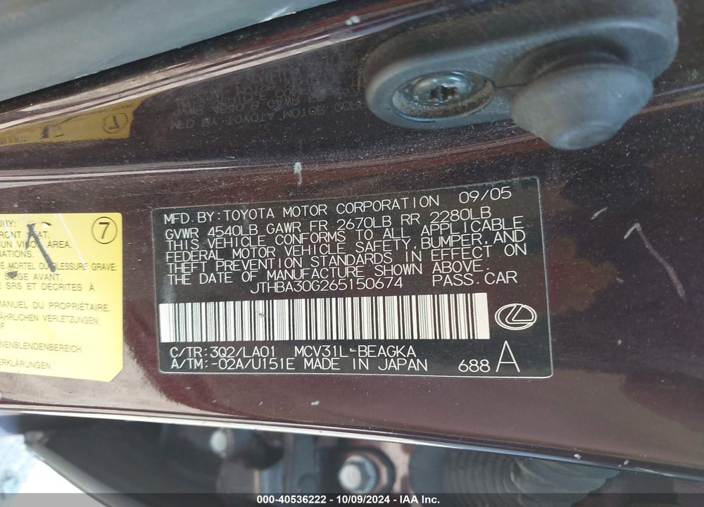 2006 LEXUS ES 330 VIN: JTHBA30G265150674