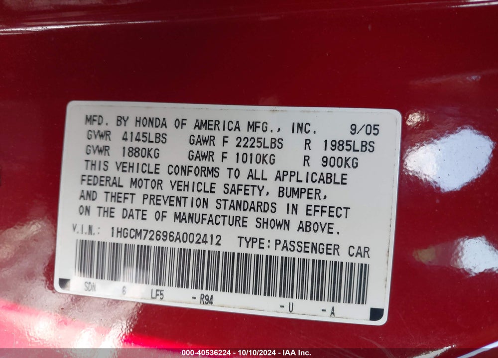 2006 HONDA ACCORD 2.4 EX VIN: 1HGCM72696A002412