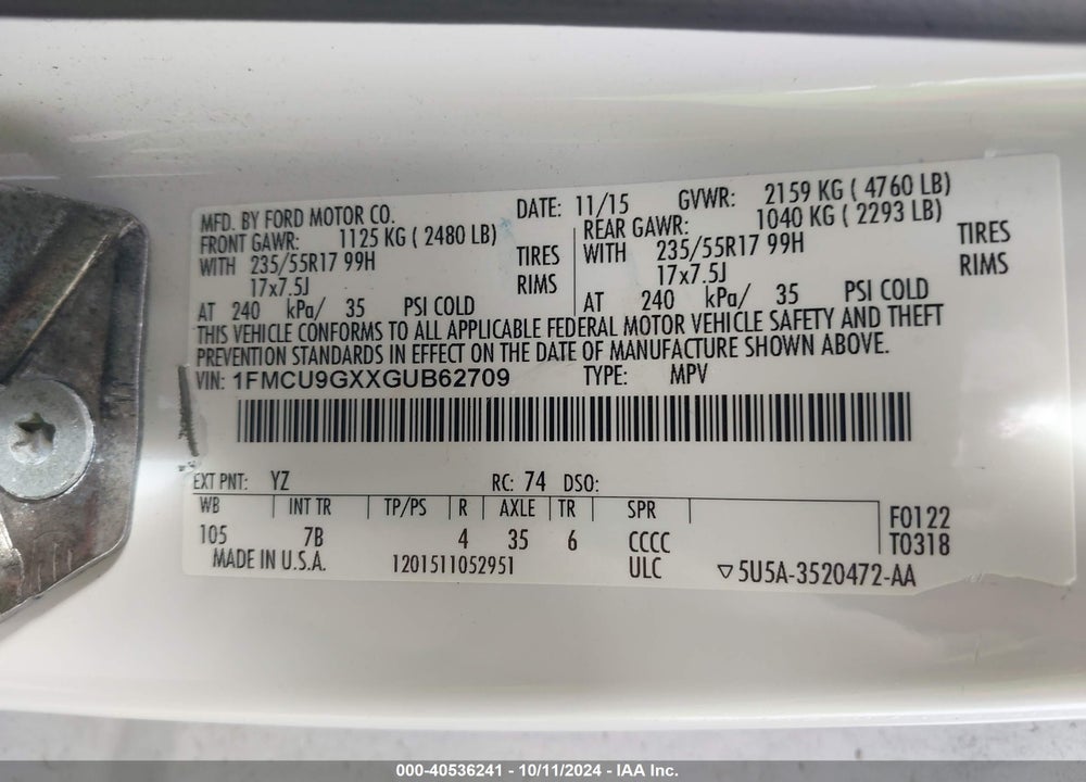 2016 FORD ESCAPE SE VIN: 1FMCU9GXXGUB62709