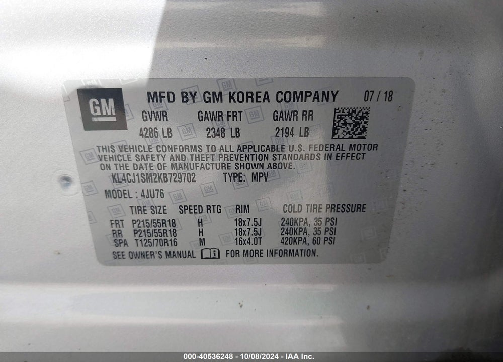 2019 BUICK ENCORE FWD SPORT TOURING VIN: KL4CJ1SM2KB729702