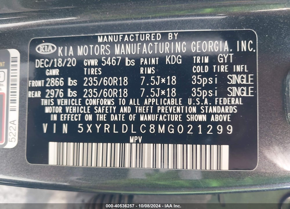 2021 KIA SORENTO S VIN: 5XYRLDLC8MG021299