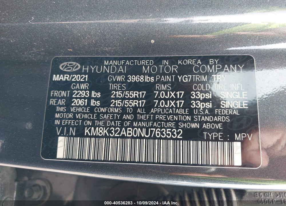 2022 HYUNDAI KONA SEL VIN: KM8K32AB0NU763532