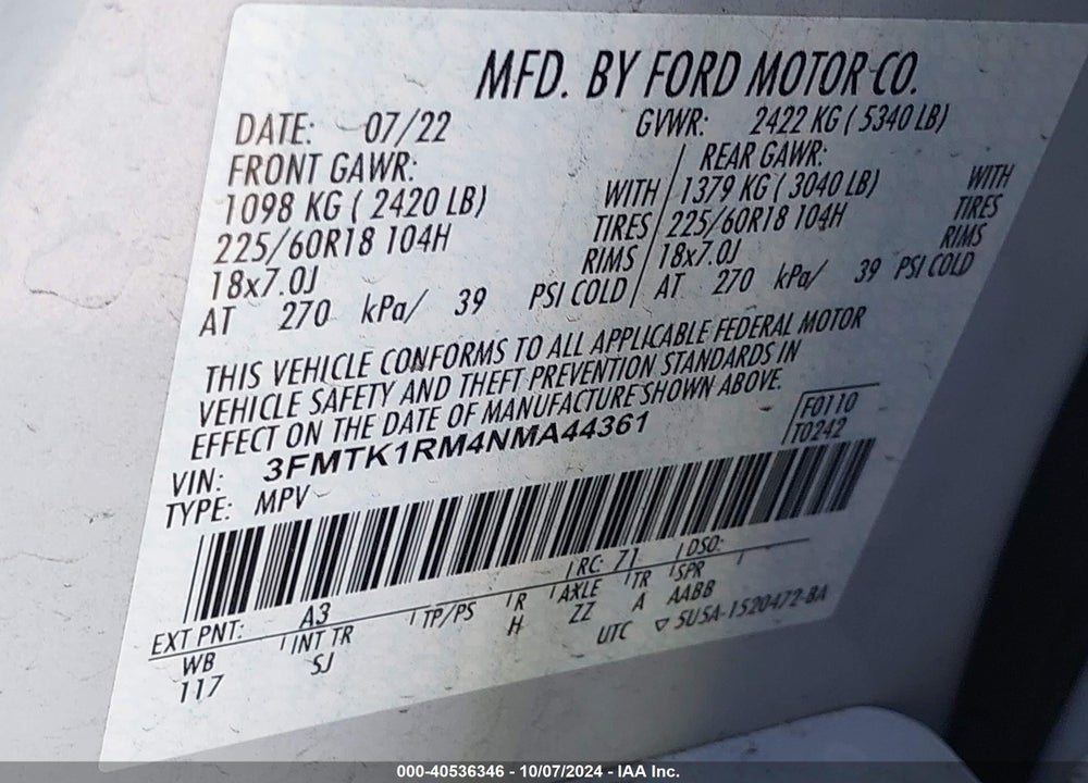 2022 FORD MUSTANG MACH-E SELECT VIN: 3FMTK1RM4NMA44361