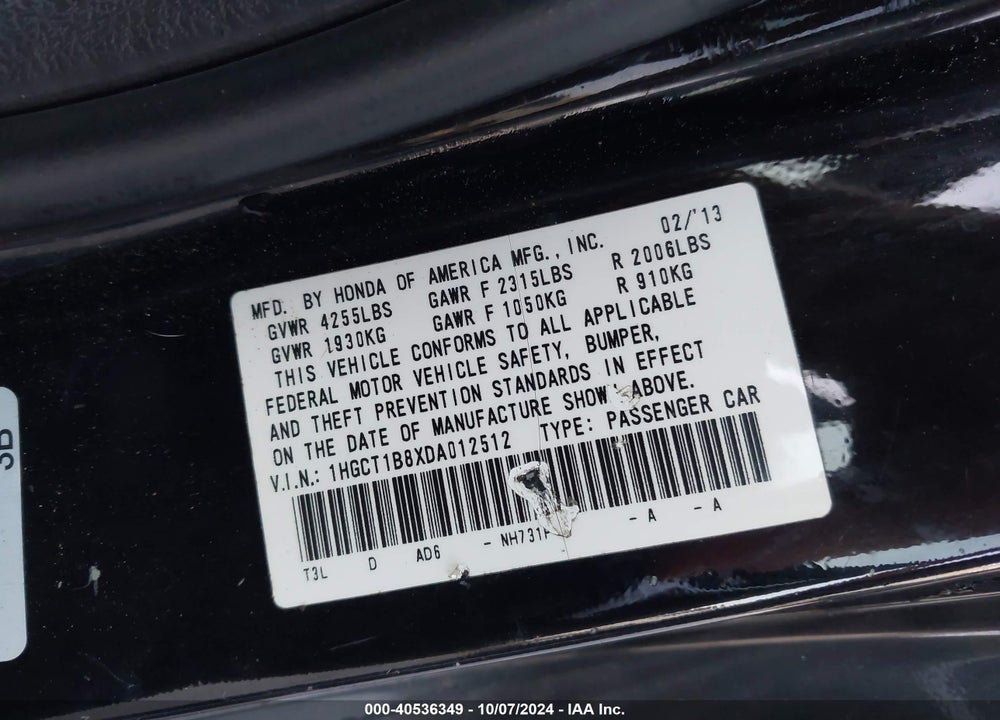 2013 HONDA ACCORD EX-L VIN: 1HGCT1B8XDA012512