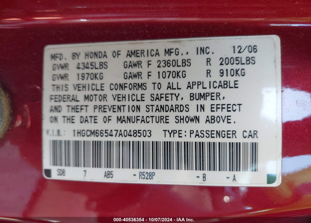 2007 HONDA ACCORD 3.0 EX VIN: 1HGCM66547A048503