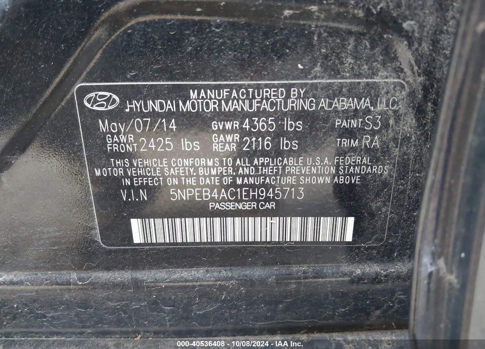 2014 HYUNDAI SONATA GLS VIN: 5NPEB4AC1EH945713