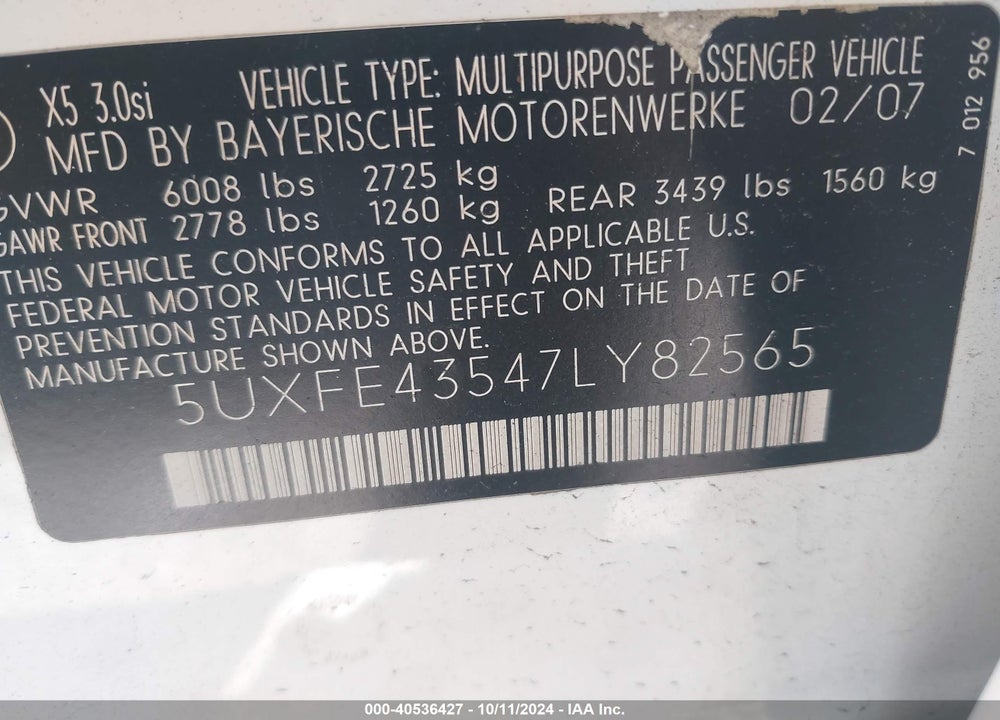 2007 BMW X5 3.0SI VIN: 5UXFE43547LY82565