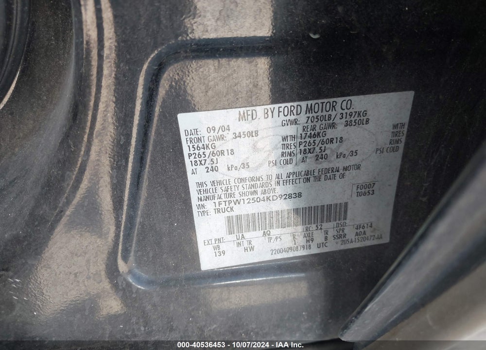 2004 FORD F-150 LARIAT/XLT VIN: 1FTPW12504KD92838