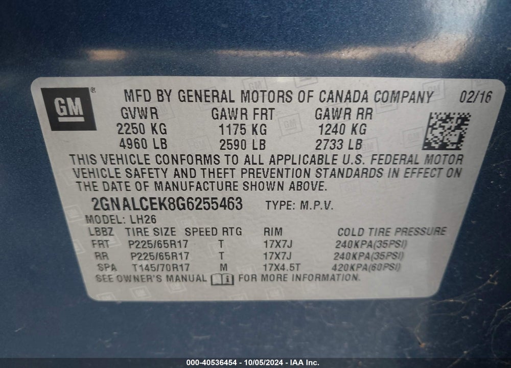 2016 CHEVROLET EQUINOX LT VIN: 2GNALCEK8G6255463
