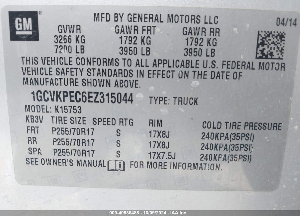 2014 CHEVROLET SILVERADO 1500 WORK TRUCK 1WT VIN: 1GCVKPEC6EZ315044